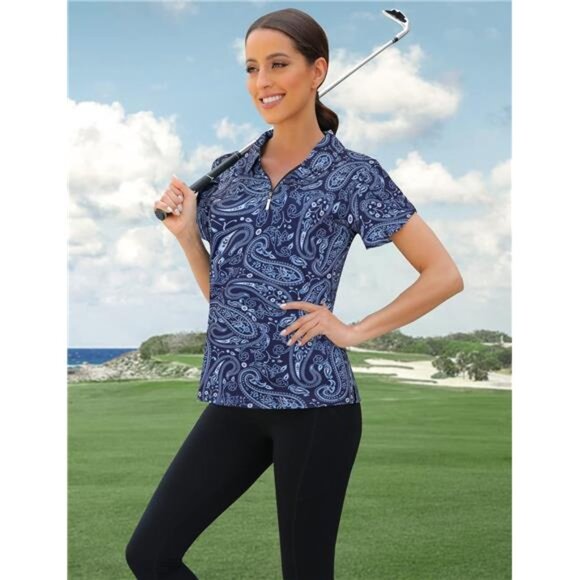 Womens Golf Polo Shirts 1/4 Zip Up Overlap Short Sleeve Quick Dry Workout Tops - Picture 4 of 6